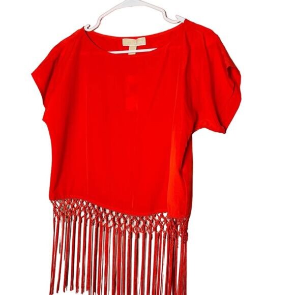 NWT Michael Michael Kors Burnt Orange Short Sleeve Fringe Bottom Top Size XS - Picture 1 of 6